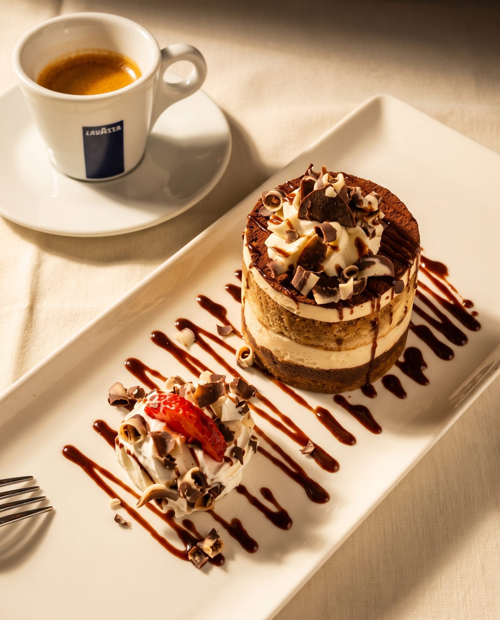 Layered tiramisu with a strawberry and an espresso at Luciano’s
