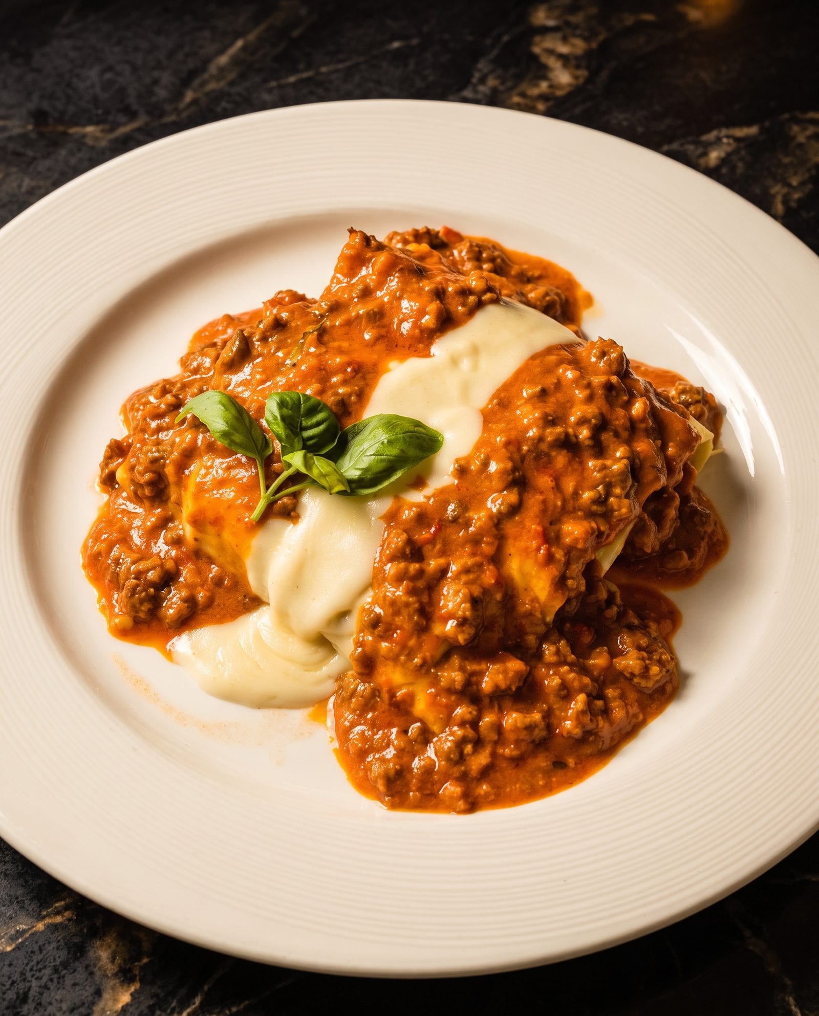 House-made filled pasta baked in Bolognese with a ribbon of melted cheese at Luciano’s