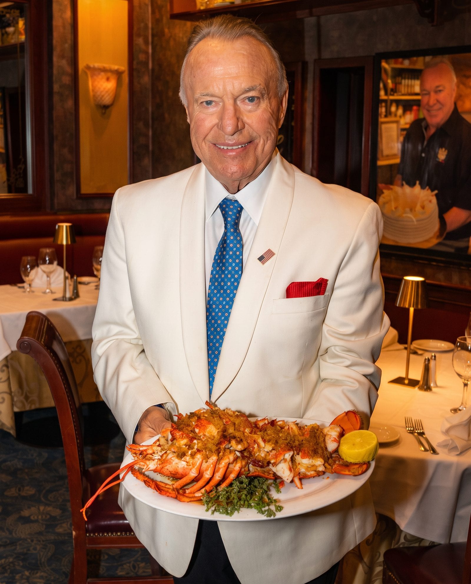 Chef Luciano Canova presenting a baked stuffed lobster in the dining room at Luciano’s